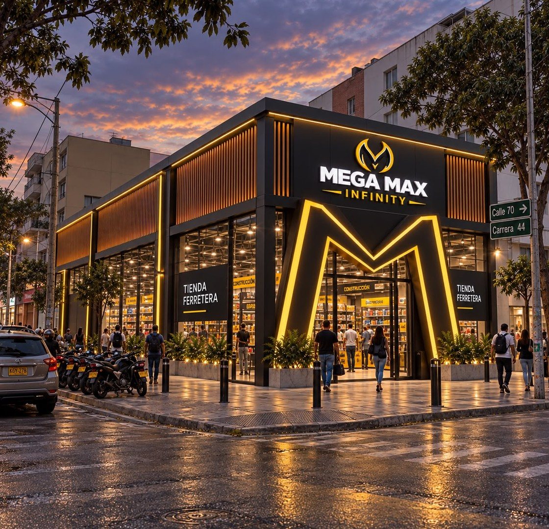 Render ilustrativo de la esquina de la tienda Mega Max Infinity en Girardot, al atardecer.