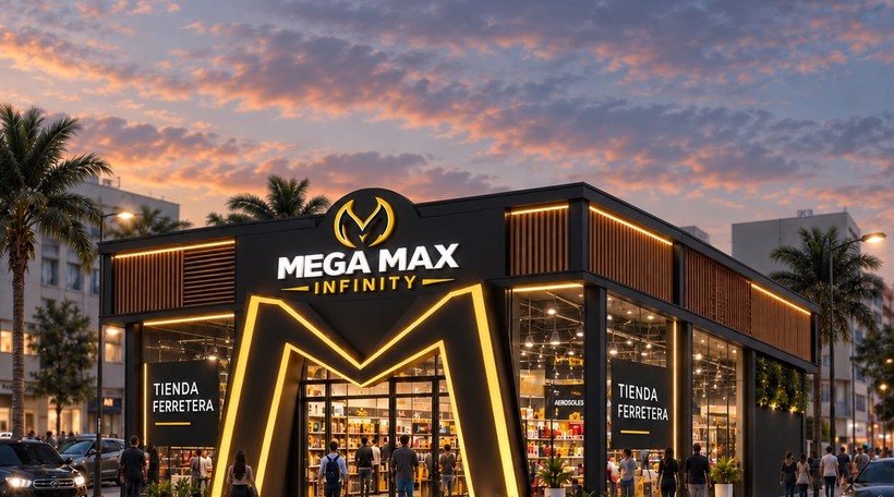 Render ilustrativo de la fachada de la tienda Mega Max Infinity en Girardot, con el letrero iluminado.