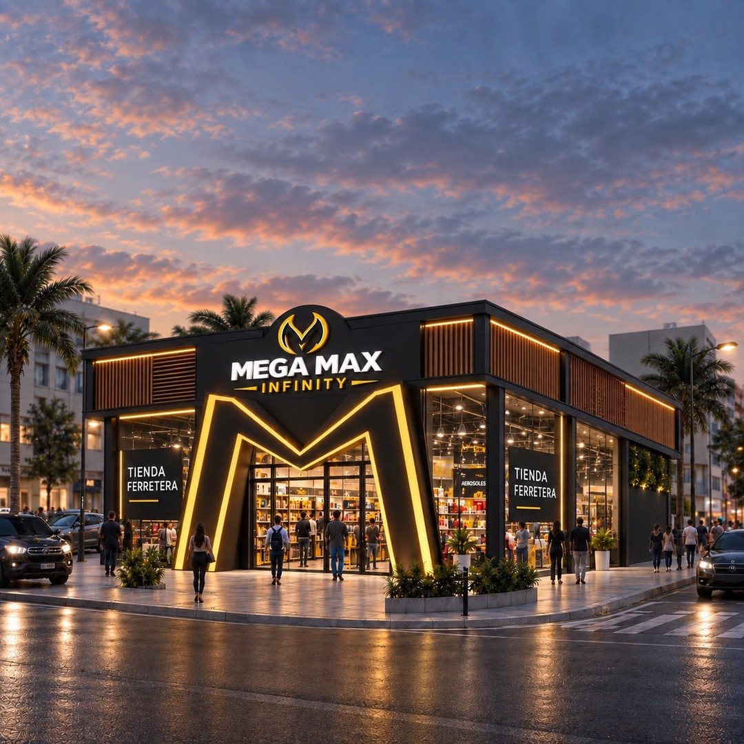 Render ilustrativo de la tienda Mega Max Infinity en Girardot de noche, con la entrada iluminada.